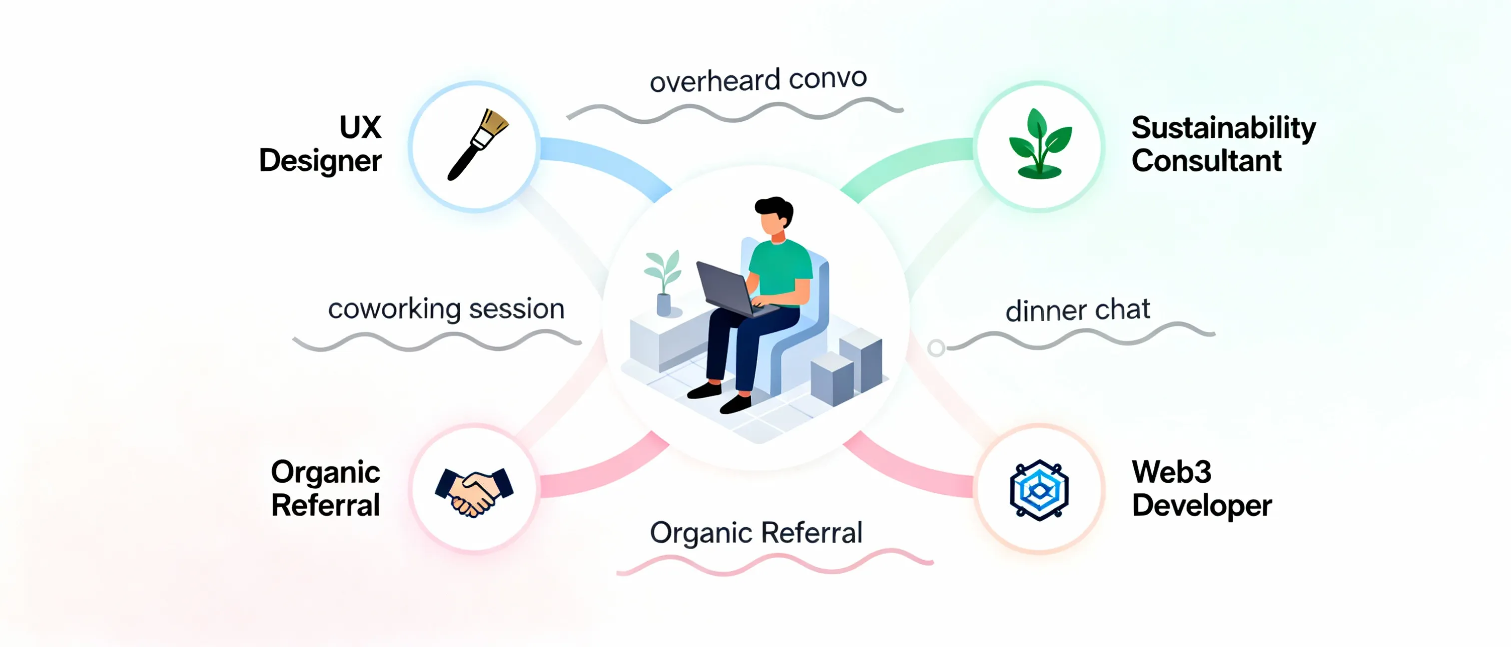 Infographic diagram showing how passive exposure to diverse careers in coliving leads to organic professional opportunities.